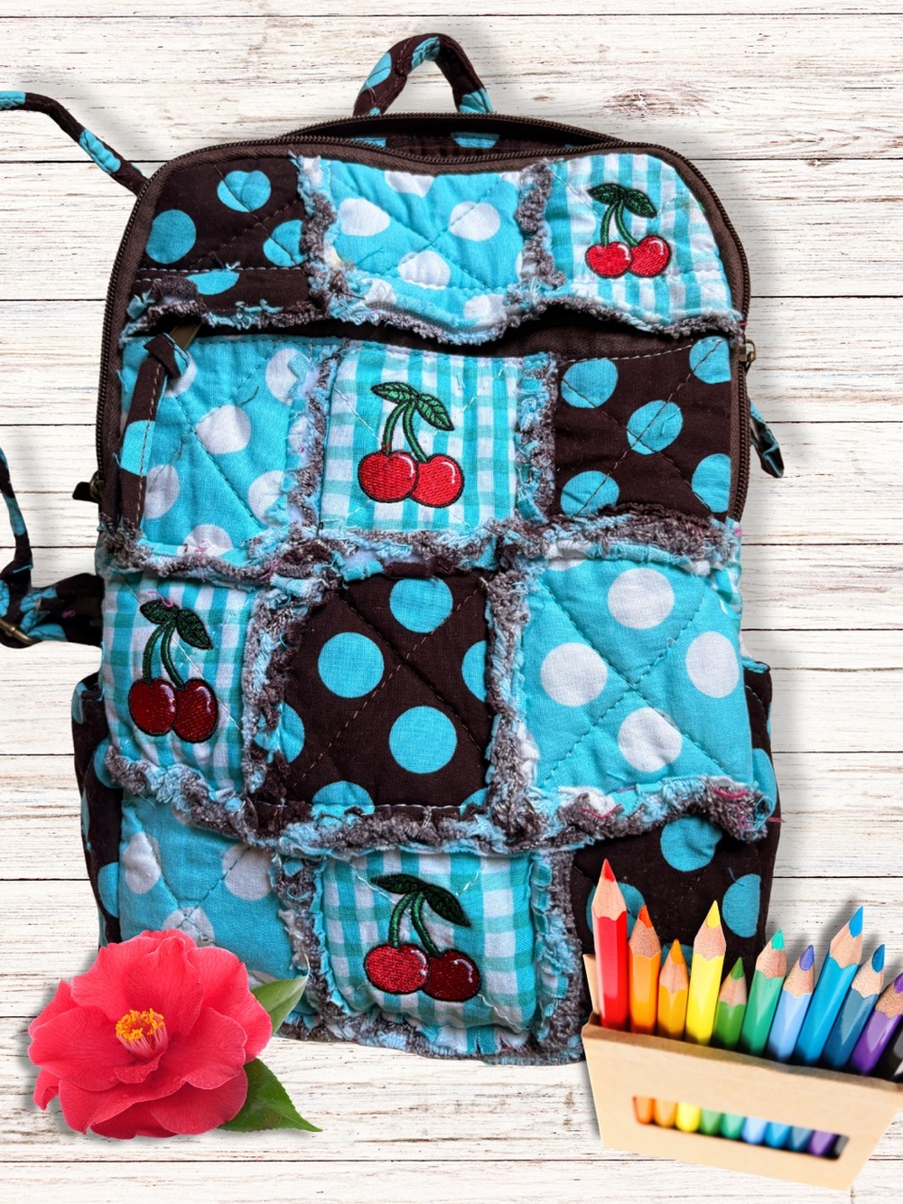 HANDCRAFTED BACKPACK Festival Quilted Patchwork Blue White Red Cherry Polka Dots